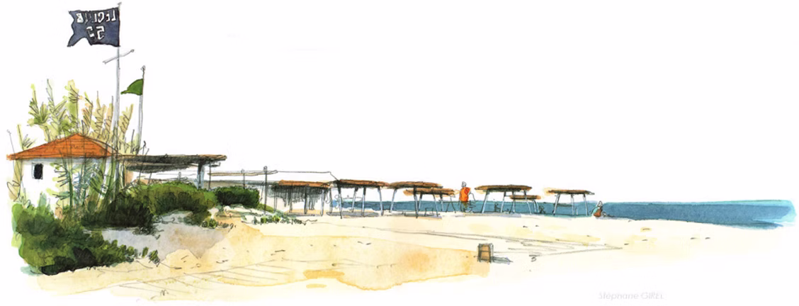 Le Club 55 vu depuis la plage, aquarelle de Stéphane Girel